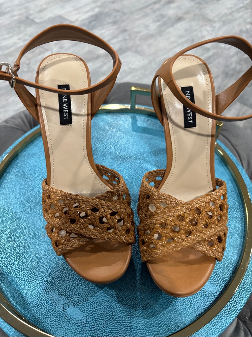 Nine West Tan Braided Wedge Sandals with Ankle Strap